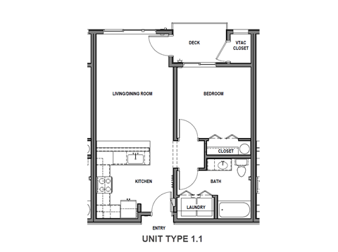 A floor plan of a living space with a kitchen, dining room, bedroom, and laundry.